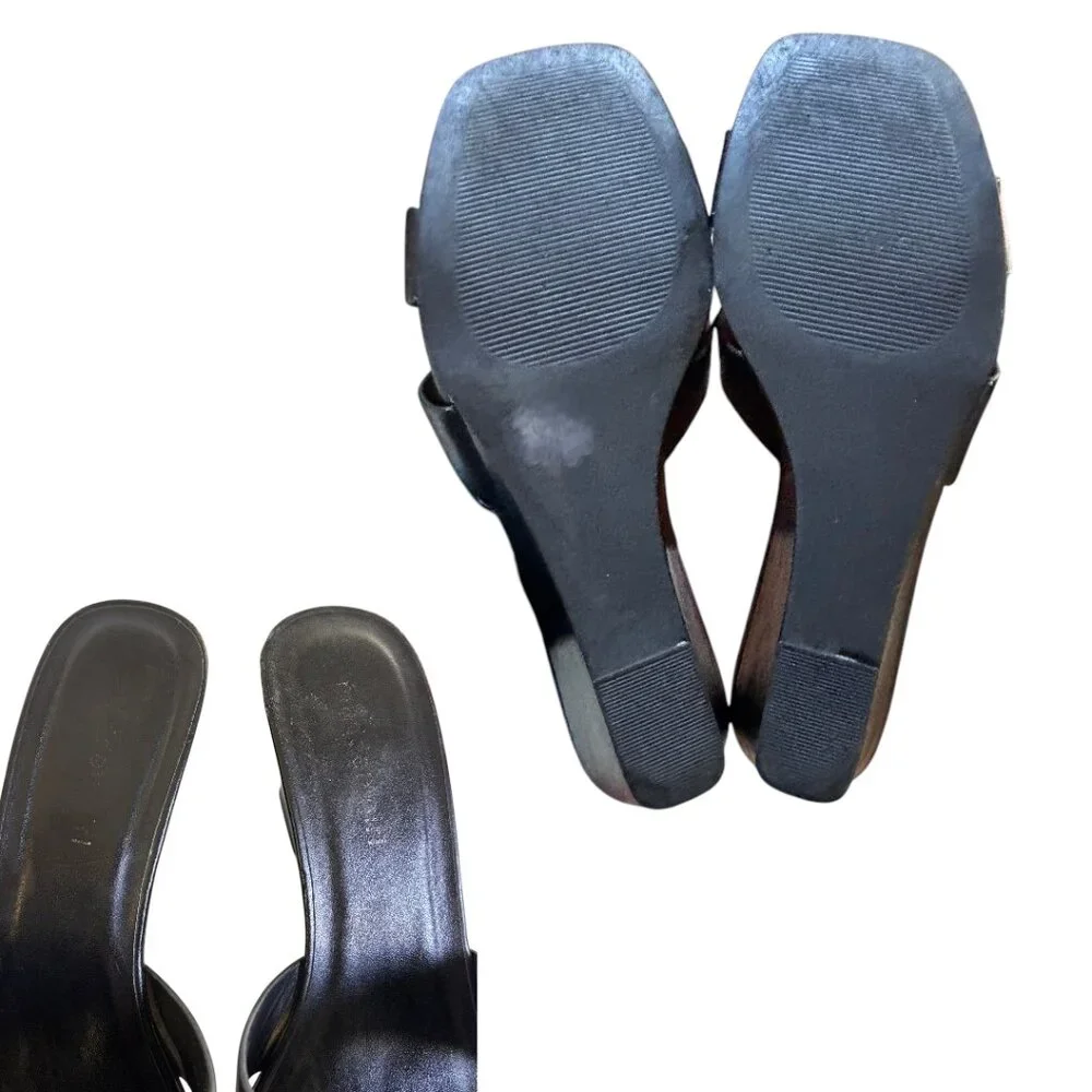 Y2K VINTAGE STEVE MADDEN GIRL‎ BLACK LEATHER MULES WEDGE SANDALS SIZE 9.5-10 EUC